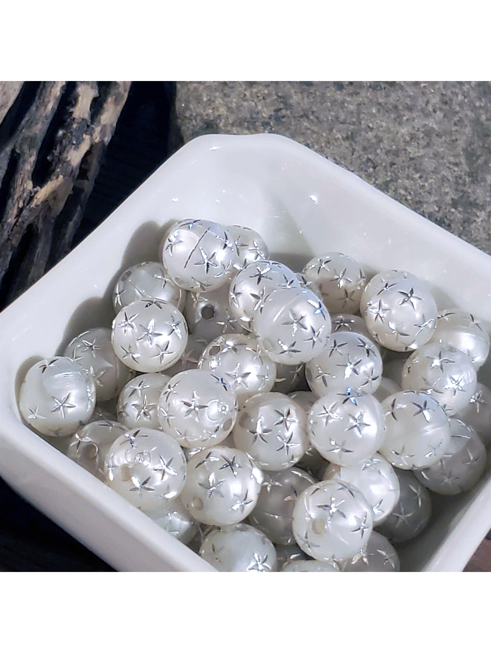 Vintage Retro Gray Silver Stars 12mm Round Acrylic Shabby Chic Beads 10 pcs